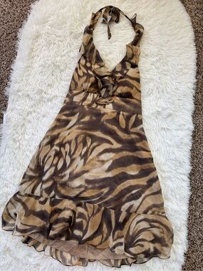Vintage Y2K Muse for Boston Proper ruffle halter neck animal print silk dress 8